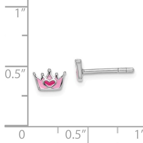Sterling Silver Rhodium-plated Childs Enameled Pink Crown Post Earrings - Walter Bauman Jewelers