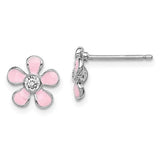 Sterling Silver Rhodium-plated Pink Enamel Flower Earrings - Walter Bauman Jewelers