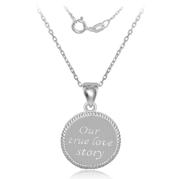 Sterling Silver Rope Border Disc "Our True Love Story" Pendant W/Chain - Walter Bauman Jewelers