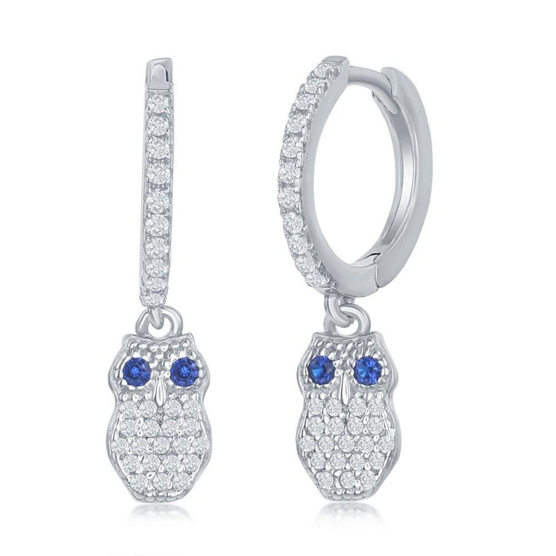 Sterling Silver Small Huggie Hoop CZ Owl Earrings - Walter Bauman Jewelers