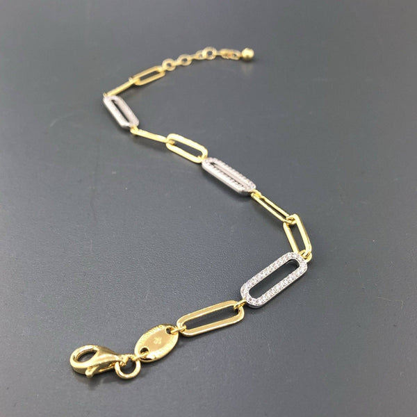 Sterling silver yellow gold plated large paperclip bracelet with cubic zirconia - Walter Bauman Jewelers