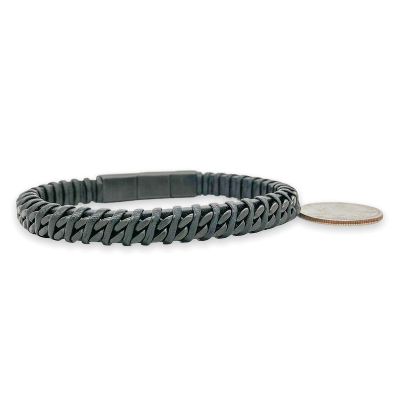 STST Black IP Curb Chain & Woven Leather Bracelet - Walter Bauman Jewelers