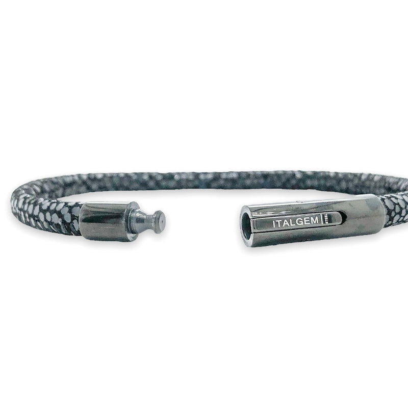 STST Black IP Printed 5mm Black Leather Bracelet - Walter Bauman Jewelers