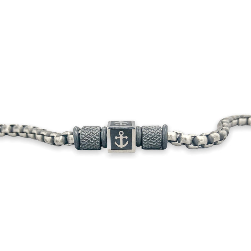 STST Gunmetal 4mm Round Box Chain Anchor Bead Bracelet - Walter Bauman Jewelers