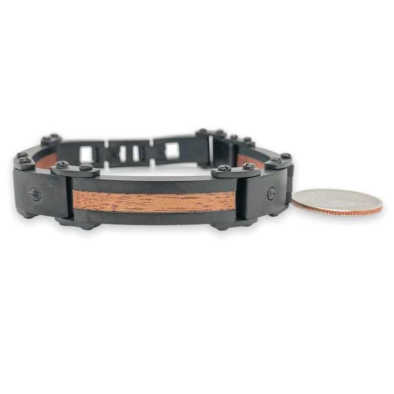 STST Matte Black Wood Inlay Men’s Link Bracelet - Walter Bauman Jewelers