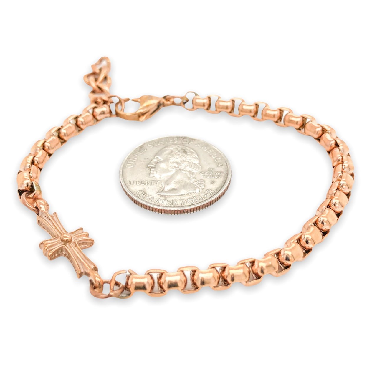 Stainless Steel Rose Gold PLated Sideways Cross Round Box Chain ...