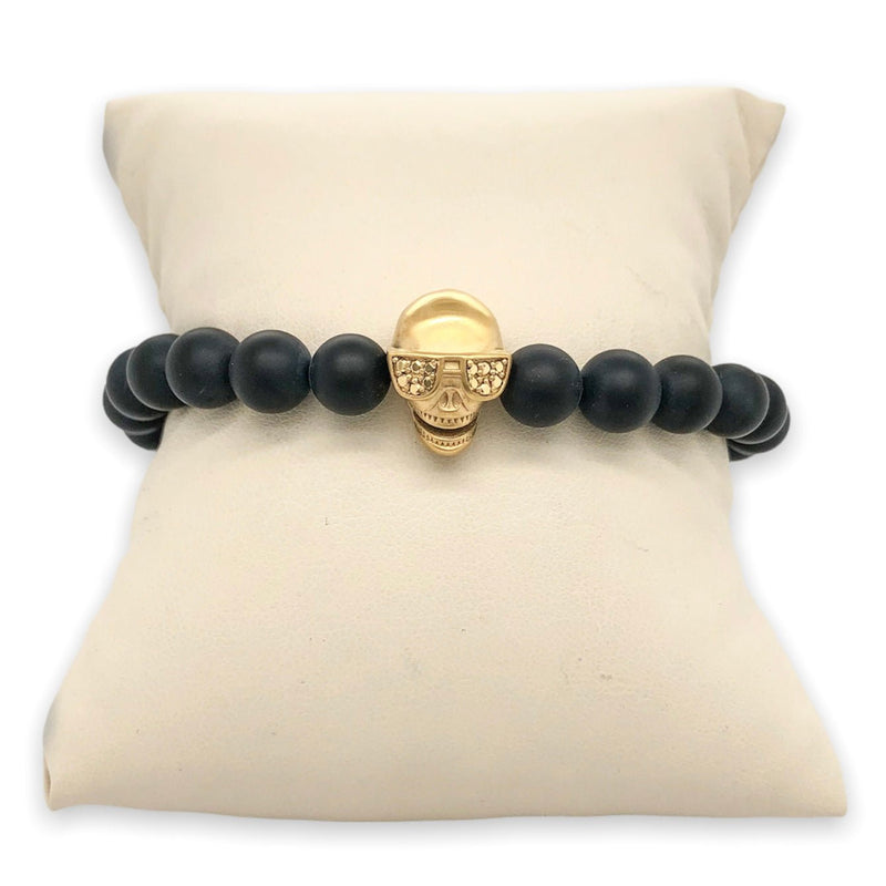 STST YGP CZ Skull & Onyx Stretch Bead Bracelet - Walter Bauman Jewelers