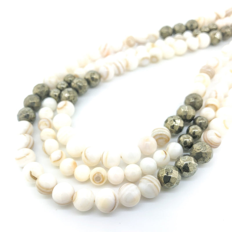 Triple Strand Mother of Pearl & Pyrite Beaded Necklace - Walter Bauman Jewelers
