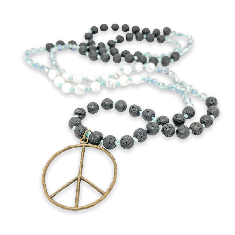 White Turquoise, Lava, & Blue Beaded Peace Necklace - Walter Bauman Jewelers