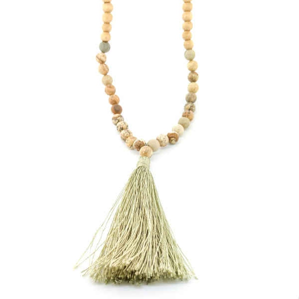 Wood Bead Sage Tassel Necklace - Walter Bauman Jewelers