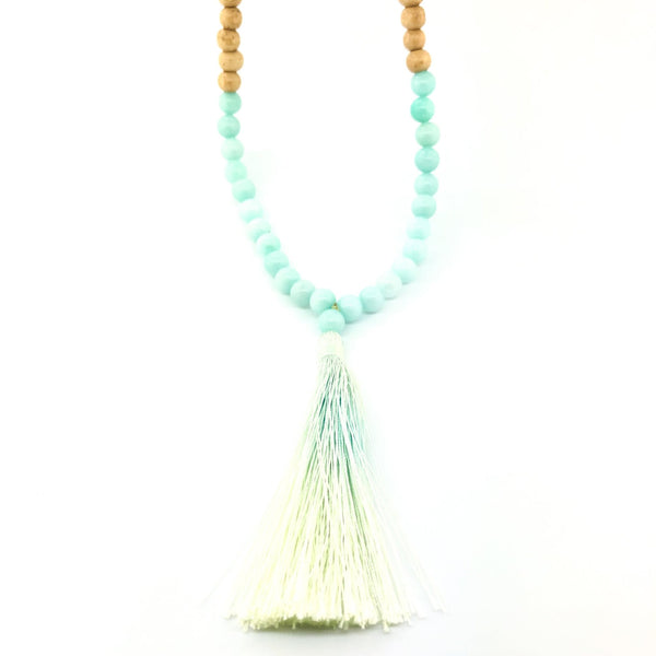 Wood Bead Teal Tassel Necklace - Walter Bauman Jewelers