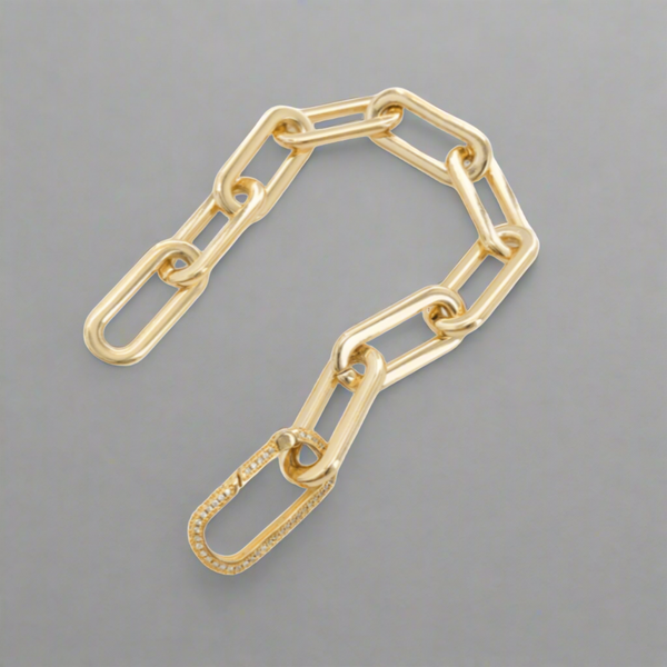 YGP Plated over Brass Oversized Paperclip Bracelet with Pave CZ Rectangular Clasp - Walter Bauman Jewelers