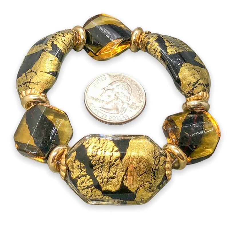 YGP STST Black, Gold & Brown Murano Glass Stretch Beaded Bracelet - Walter Bauman Jewelers